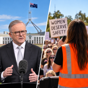 AI-generated editorial illustration of Anthony Albanese and an anonymous women's safety rally participant seen from behind