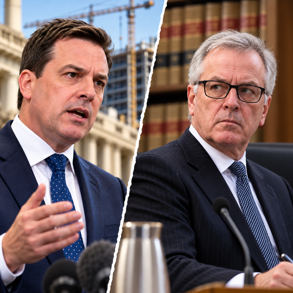 Editorial composite of Anthony Carbines and Geoffrey Watson SC against political, construction and legal settings.