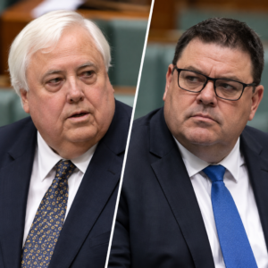 Illustrative separate portraits of Clive Palmer and Glenn Lazarus in a dispute about party leadership and bullying allegations