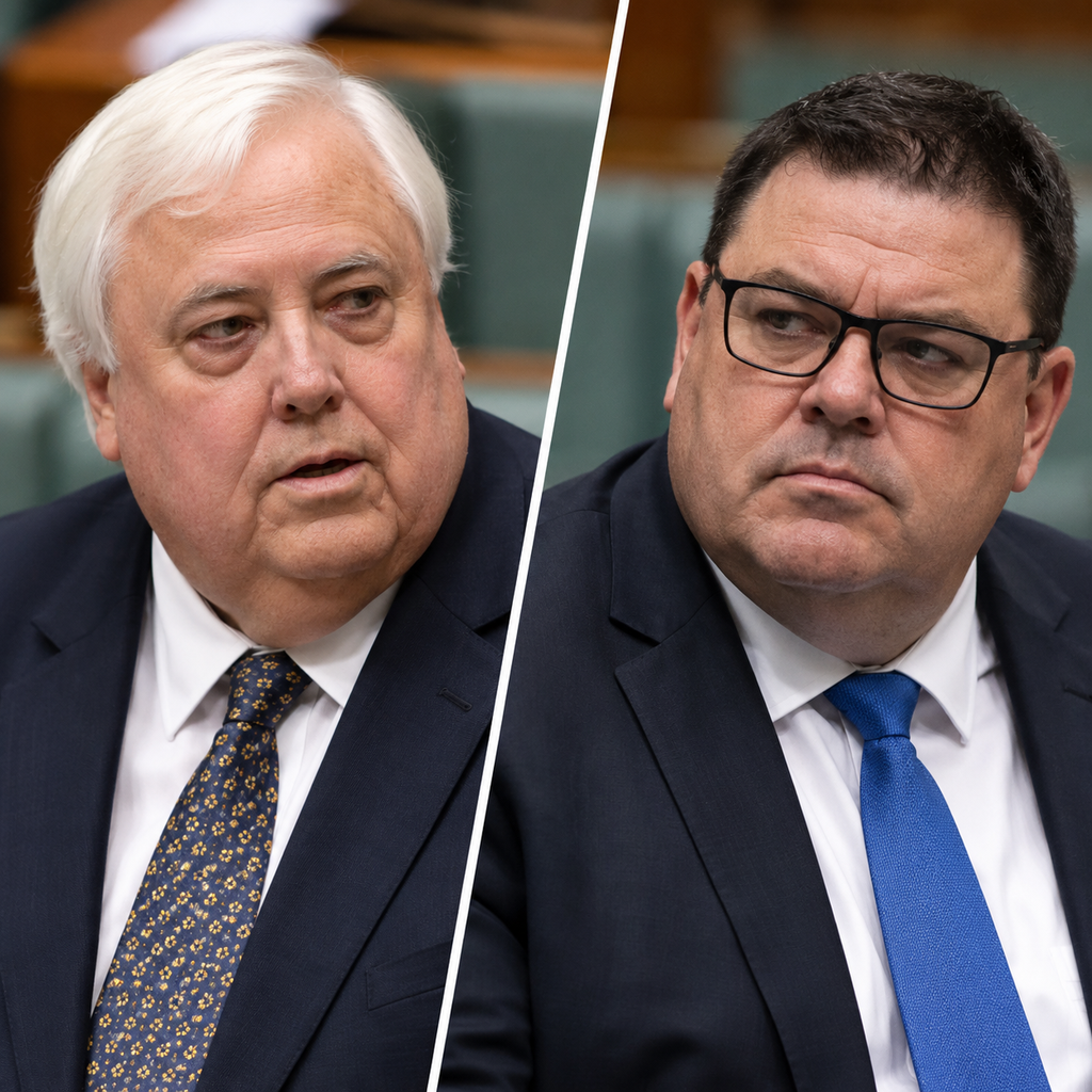Illustrative separate portraits of Clive Palmer and Glenn Lazarus in a dispute about party leadership and bullying allegations
