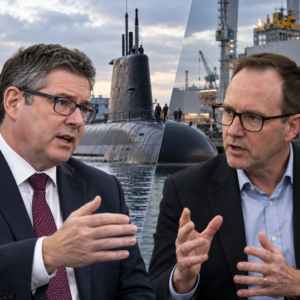 AI-generated editorial illustration of a public political disagreement over Australia's AUKUS submarine partnership