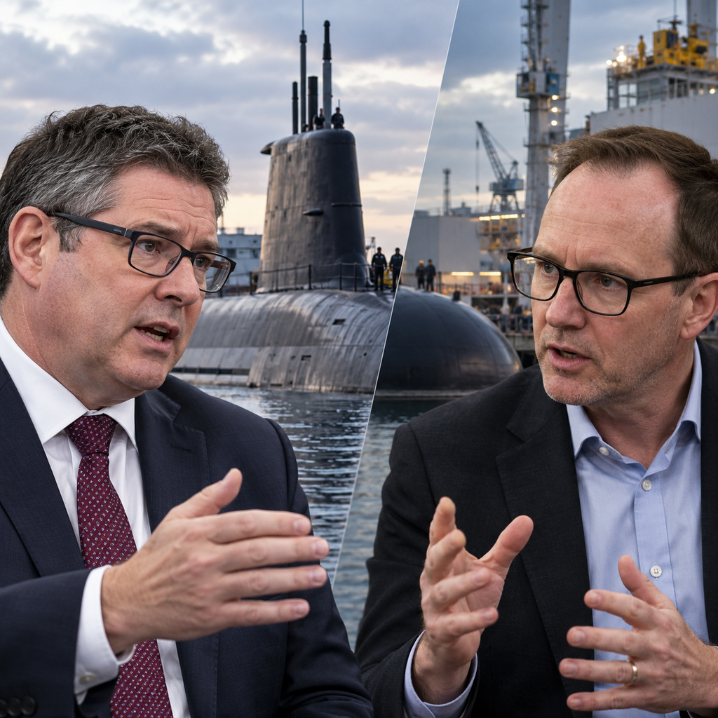 AI-generated editorial illustration of a public political disagreement over Australia's AUKUS submarine partnership