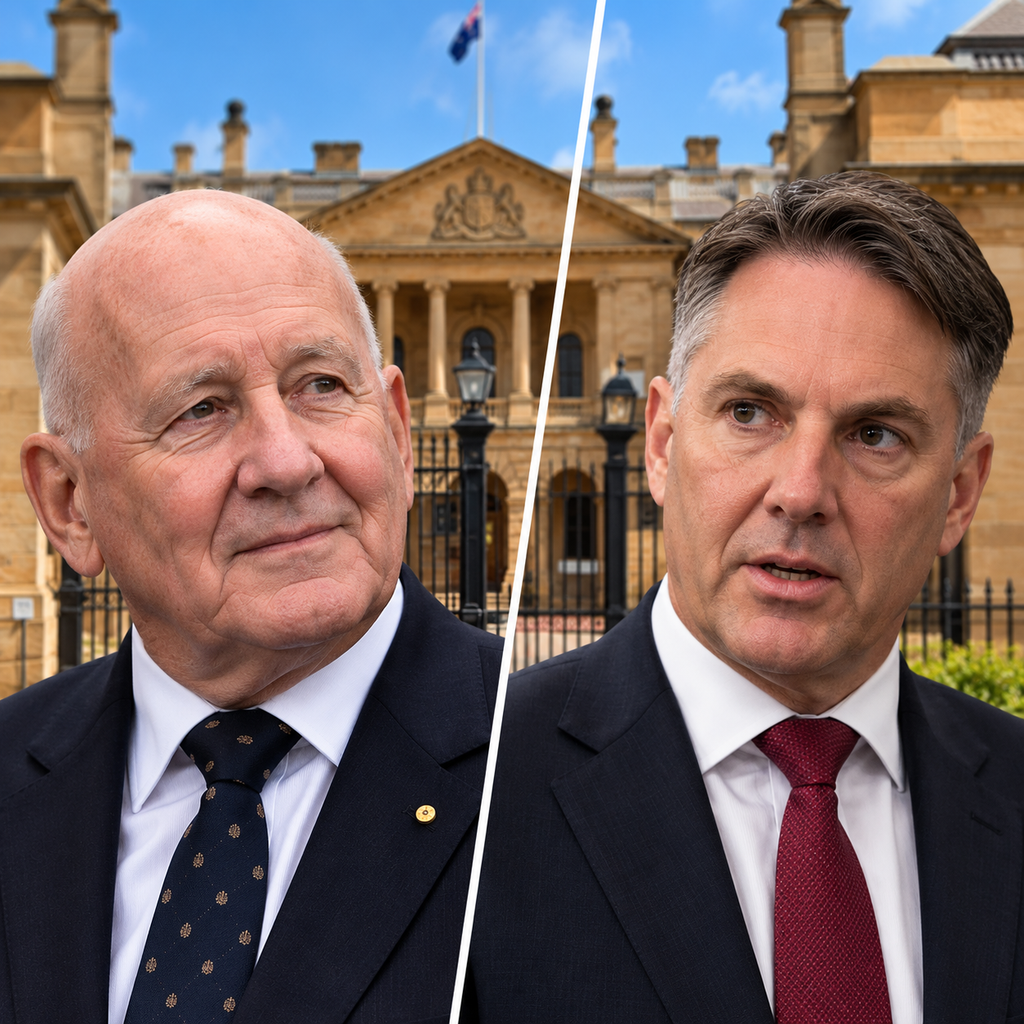Editorial illustration of Peter Cosgrove and Richard Marles in separate portraits against heritage barracks architecture.