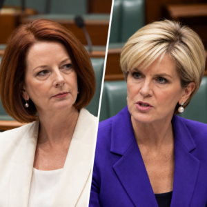 Editorial illustration of Julia Gillard and Julie Bishop in separate portraits recalling a historic parliamentary exchange.