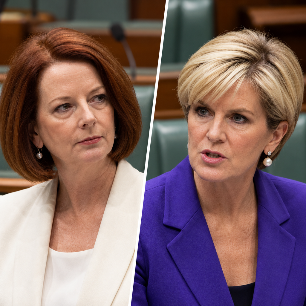 Editorial illustration of Julia Gillard and Julie Bishop in separate portraits recalling a historic parliamentary exchange.