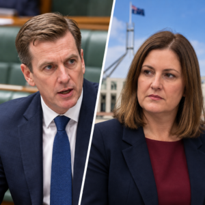 Editorial illustration of Garth Hamilton and Kristy McBain in separate portraits during a parliamentary dispute.