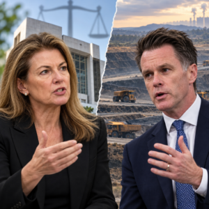 Editorial composite of Sue Higginson and Chris Minns with court and coal-mining imagery.