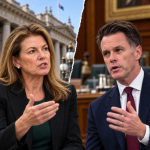 Editorial composite of Jess Wilson and Ben Carroll with Victorian Parliament and a cabinet meeting room.