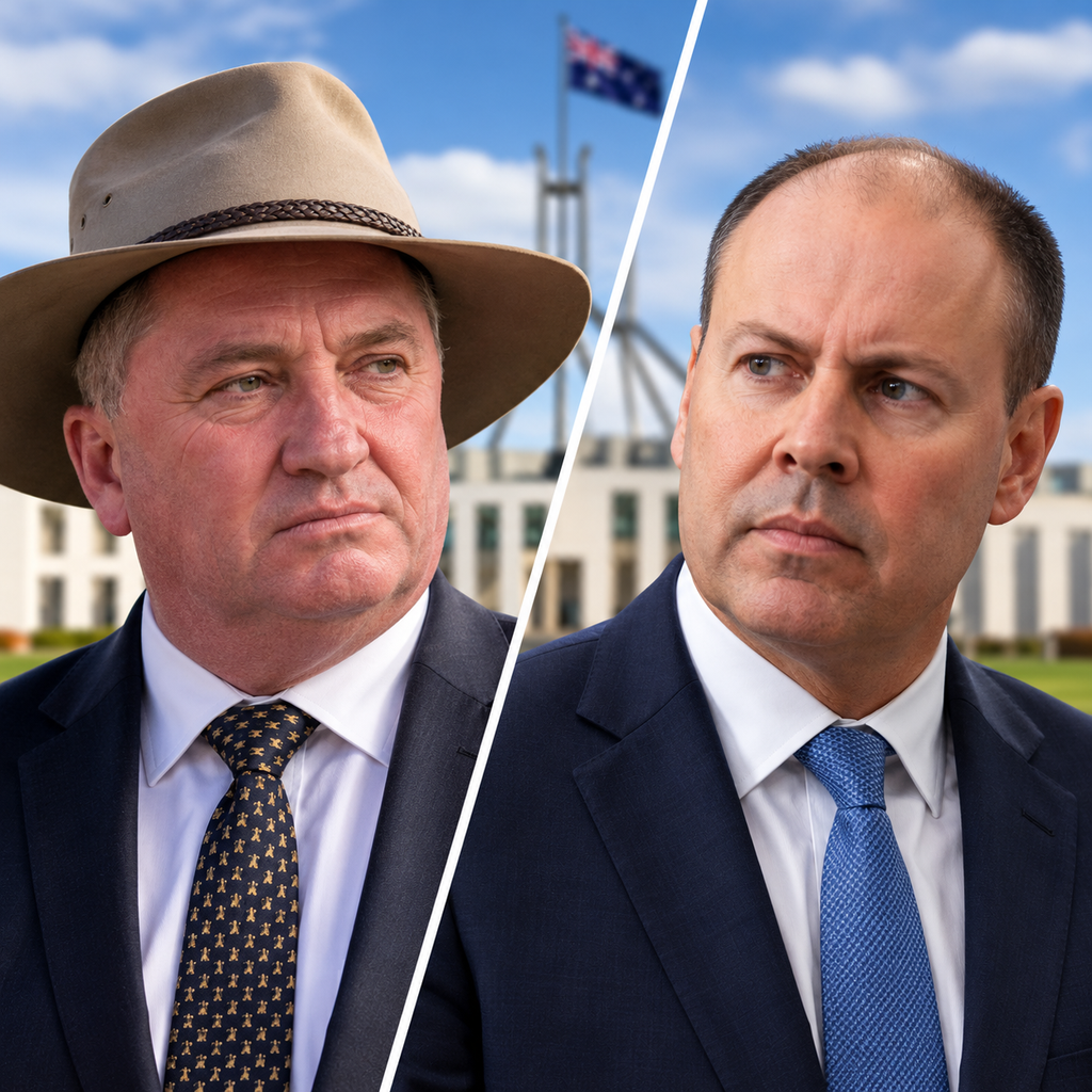 Editorial illustration of Barnaby Joyce and Josh Frydenberg in separate portraits concerning speculation about a political return.