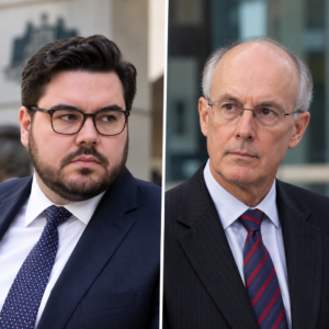 Editorial illustration of Bruce Lehrmann and Paul Brereton in separate portraits in a dispute about an anti-corruption investigation.