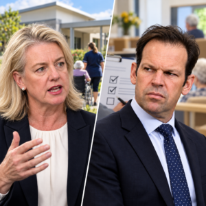 Editorial composite of Bridget McKenzie and Sam Rae with aged-care and assessment imagery.
