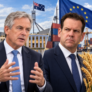 Editorial composite of Andrew McLachlan and Matt Canavan with Australian and European trade imagery.