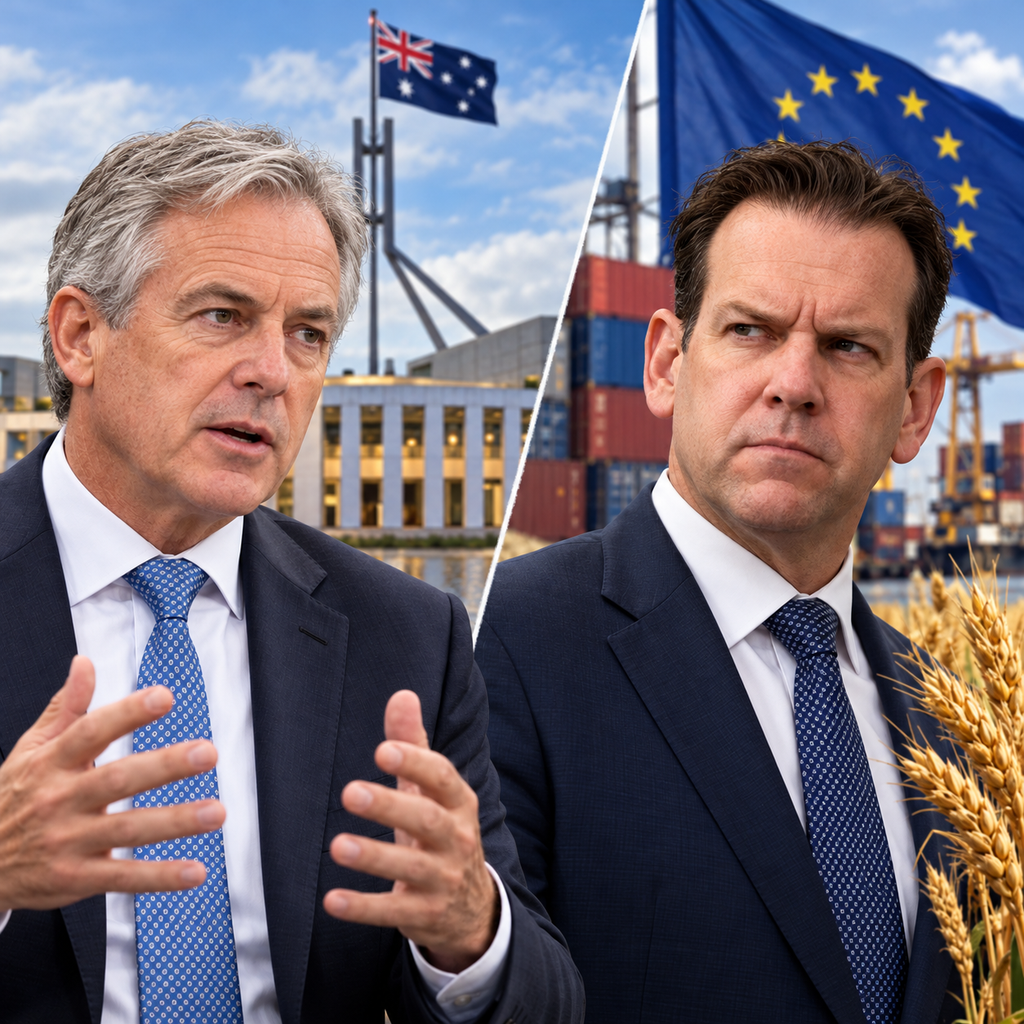 Editorial composite of Andrew McLachlan and Matt Canavan with Australian and European trade imagery.