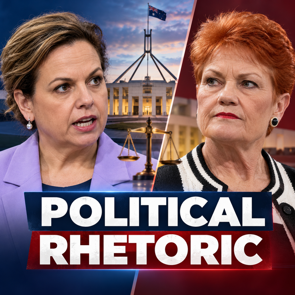 Editorial illustration of Michelle Rowland and Pauline Hanson amid disagreement over political rhetoric