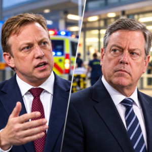 Editorial composite of Steven Miles and Tim Nicholls with an ambulance and hospital entrance in the background.