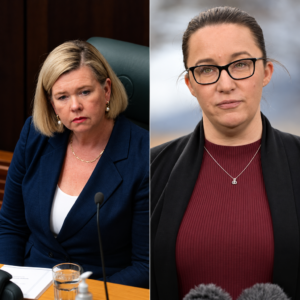 Editorial composite portraits of Bridget Archer and Dr Meg Creely in Tasmania's health inquiry dispute