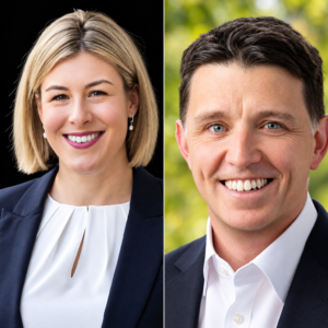 Editorial composite portraits of Jess Wilson and Ben Carroll in Victoria's community centre funding debate