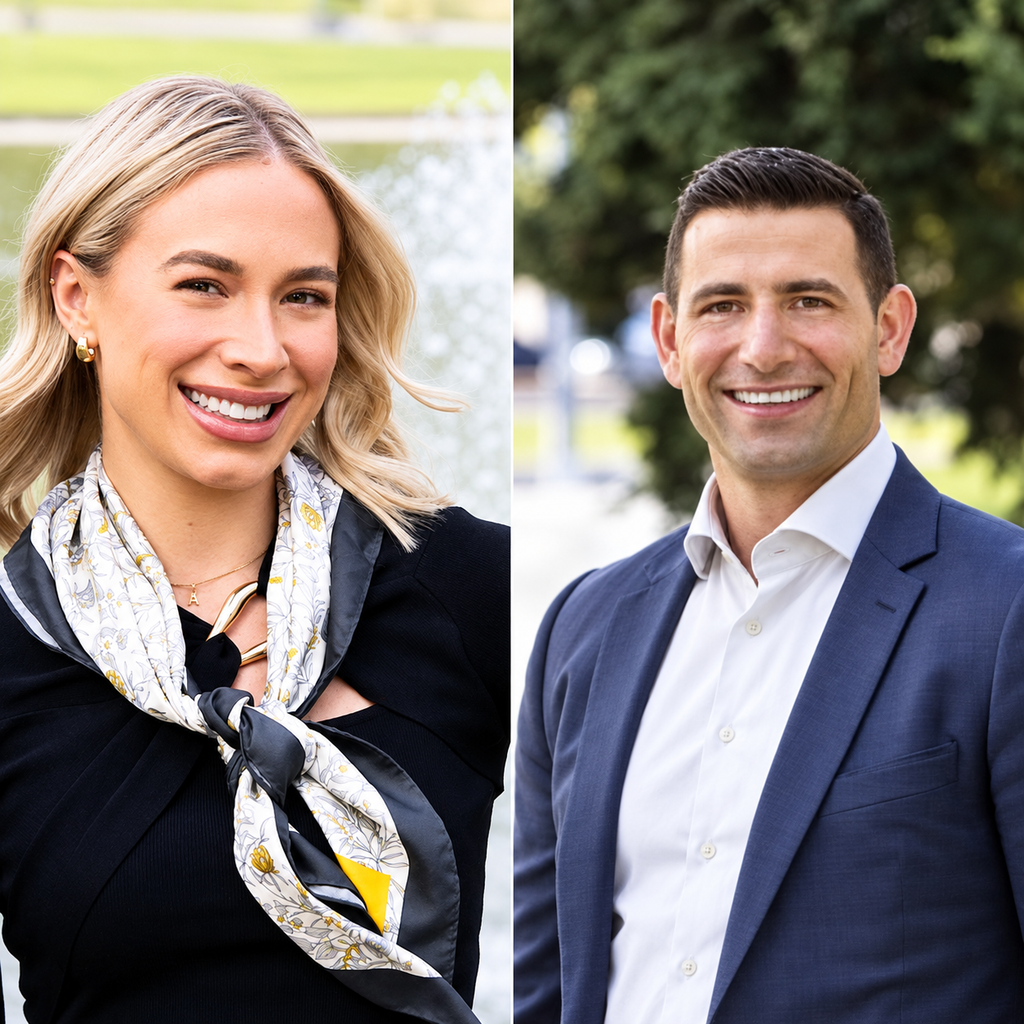 Editorial composite portraits of Abby McCawley and Jamil Allouche in the pregnancy employment dispute