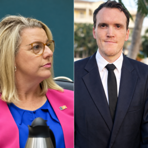 Editorial composite portraits of Marie-Clare Boothby and Clancy Dane in the Northern Territory legal aid dispute