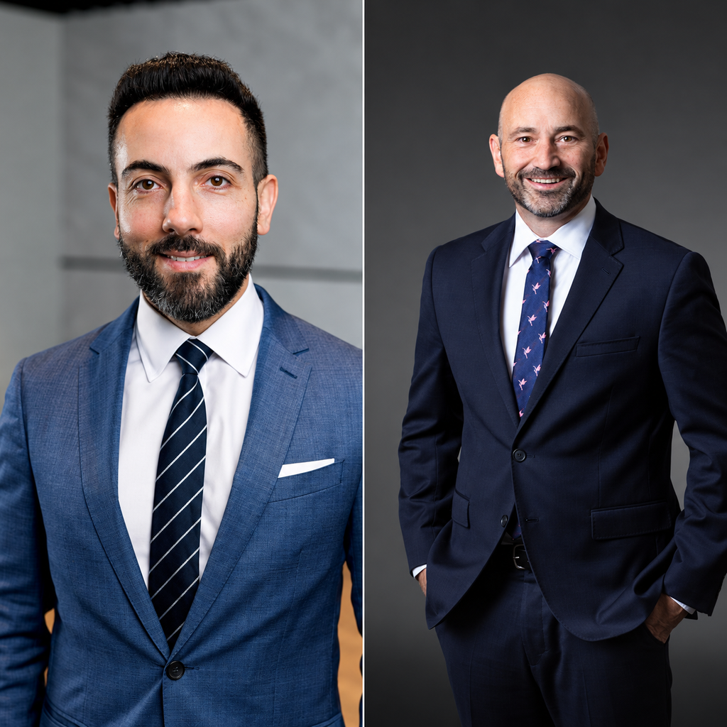 Editorial composite portraits of Nick Hanna and Bradley Dean in Sydney protest policing court proceedings