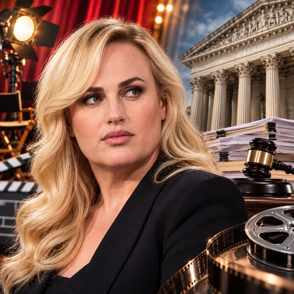 Editorial illustration of Rebel Wilson and film production legal proceedings