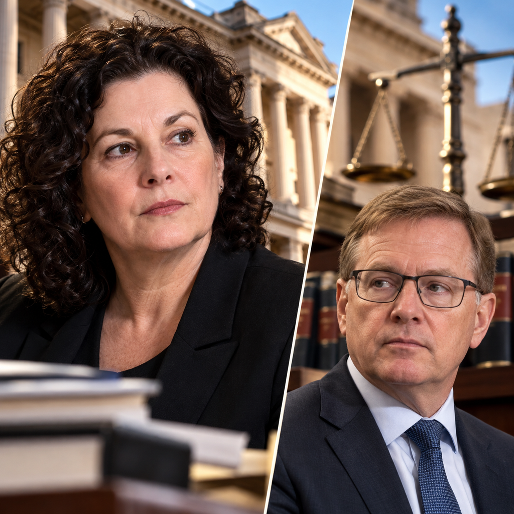 Editorial illustration of Sharon Freund and Michael Allen with courthouse imagery, not a photograph of proceedings
