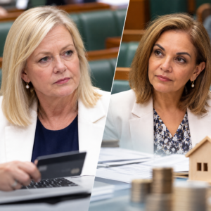 Editorial illustration of Angie Bell and Anne Aly, Australian parliamentary debate