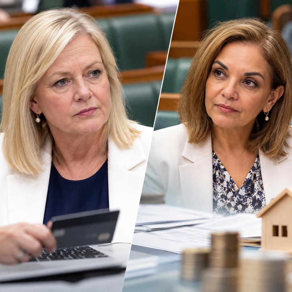 Editorial illustration of Angie Bell and Anne Aly, Australian parliamentary debate