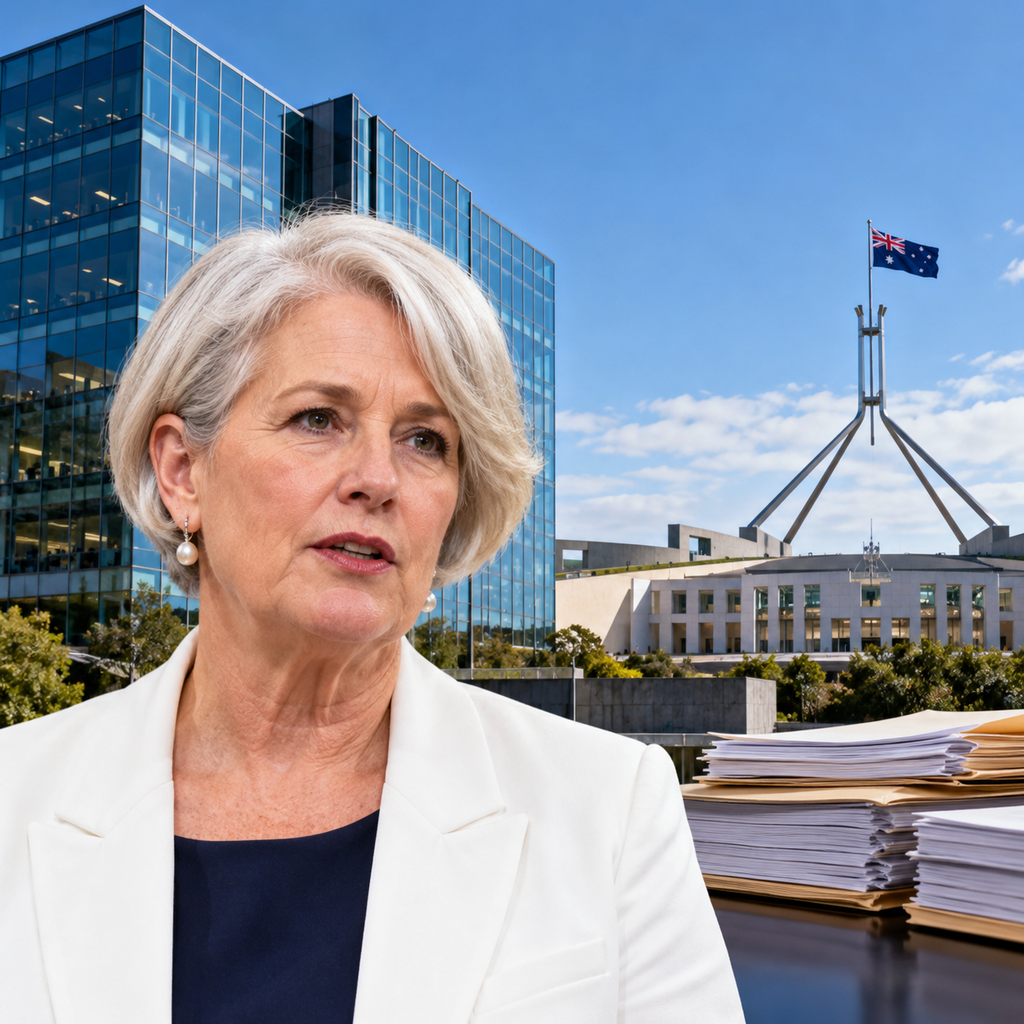 AI illustration of government procurement scrutiny involving KPMG Australia and Senator Barbara Pocock.