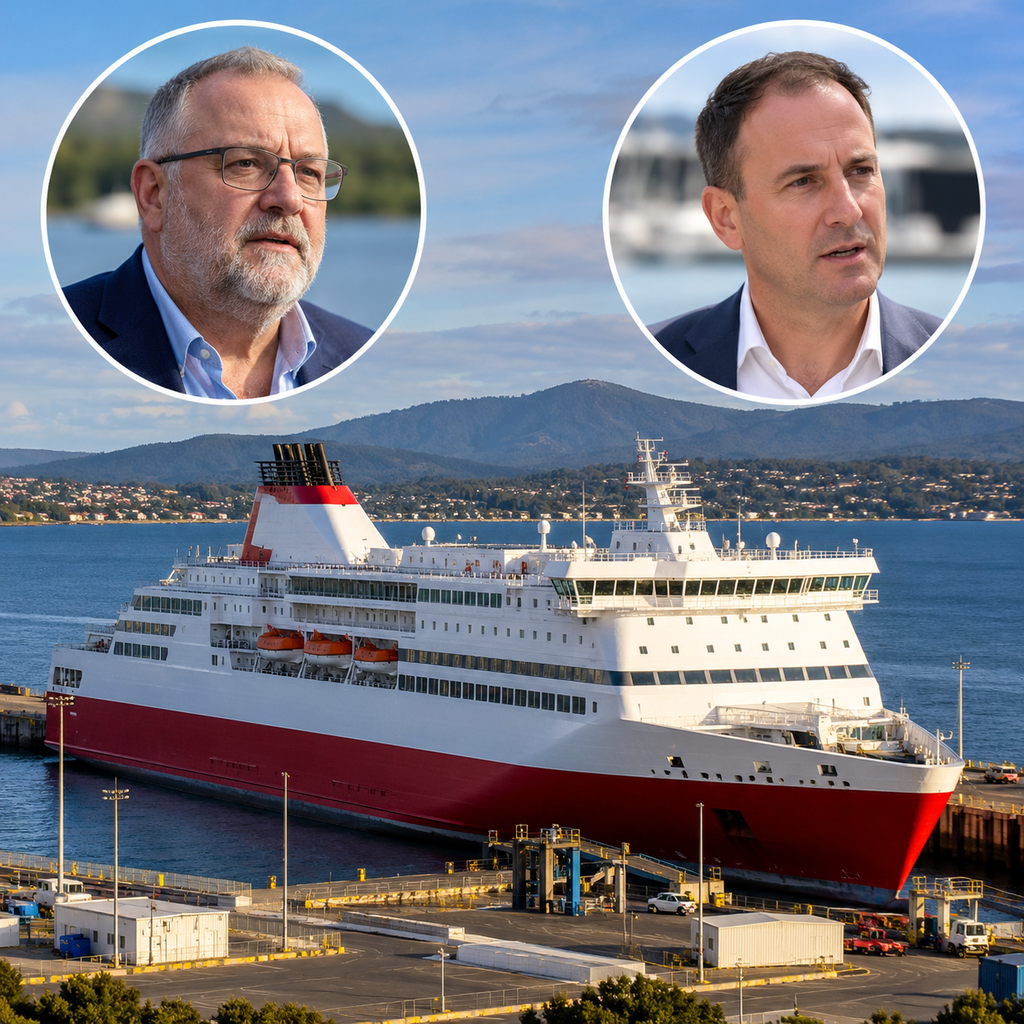 AI illustration of Spirit of Tasmania ferries and separate portraits in reporting on TT-Line financial results.