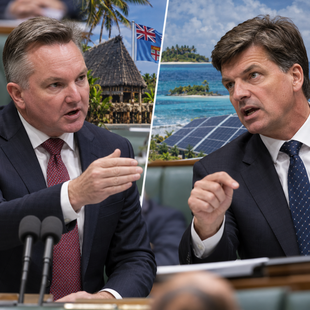 AI-generated editorial illustration of a parliamentary dispute concerning Fiji, Pacific energy policy and ceremonial clothing