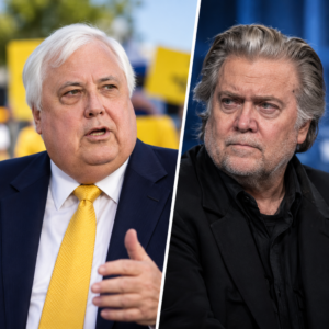 Editorial illustration of Clive Palmer and Steve Bannon in separate portraits concerning competing claims about election advertising.
