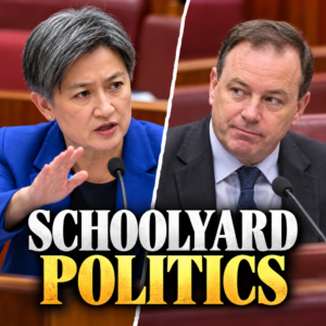 Illustrative portraits of Penny Wong and David Bushby during a historical parliamentary hearing controversy