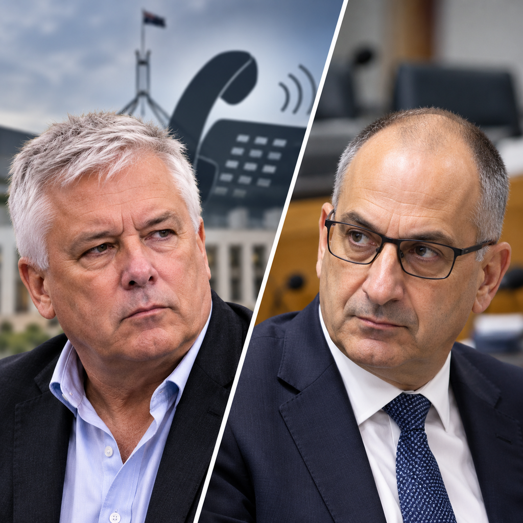 Illustrative portraits of Rex Patrick and Mike Pezzullo concerning the dispute over a phone call following media raids