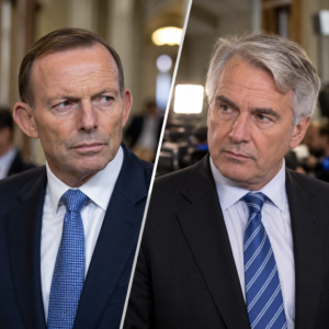 Illustrative portraits of Tony Abbott and reporter Mark Riley regarding a televised interview dispute