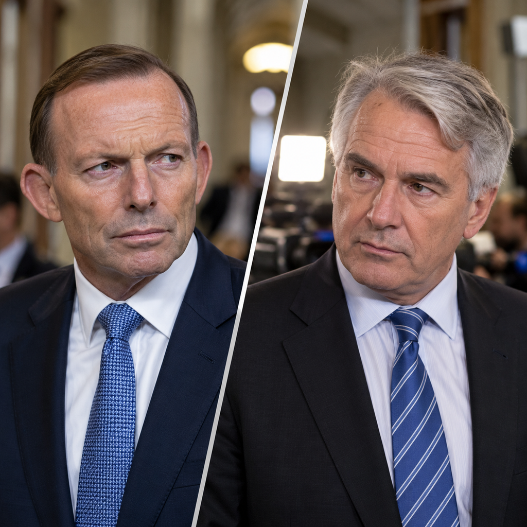 Illustrative portraits of Tony Abbott and reporter Mark Riley regarding a televised interview dispute