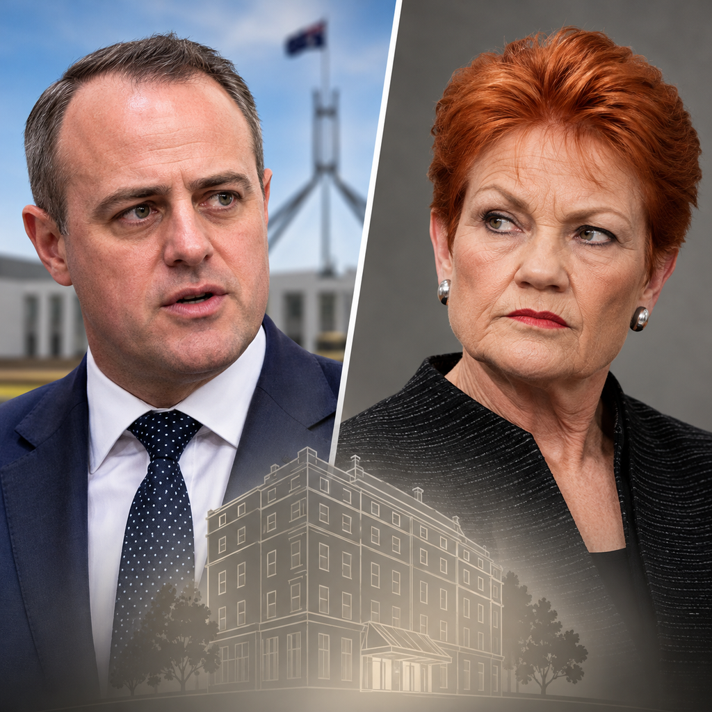 AI-generated composite illustration of Tim Wilson and Pauline Hanson in separate panels with a schematic hotel motif referring to reported travel expenses