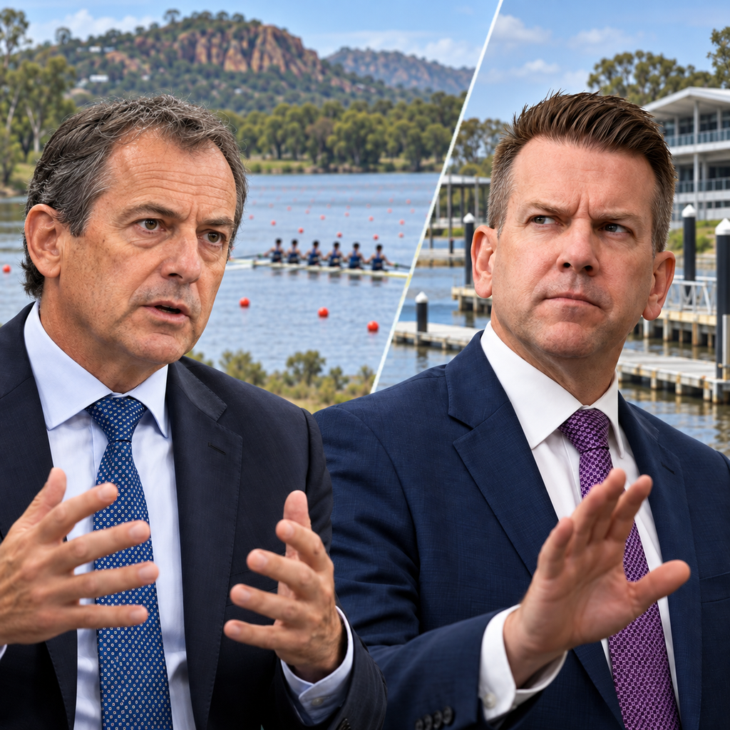 Editorial composite of Jean-Christophe Rolland and Jarrod Bleijie with a calm rowing course and river facilities.